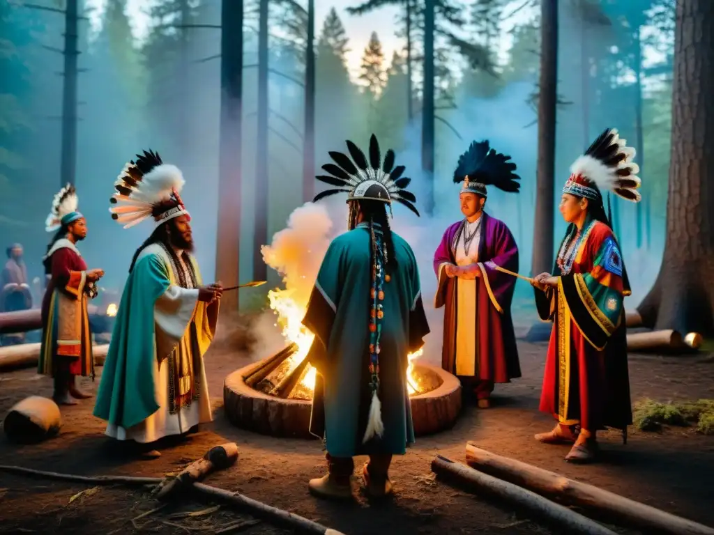 Ceremonia de sanación chamánica ancestral en el bosque, rodeada de antorchas y símbolos místicos