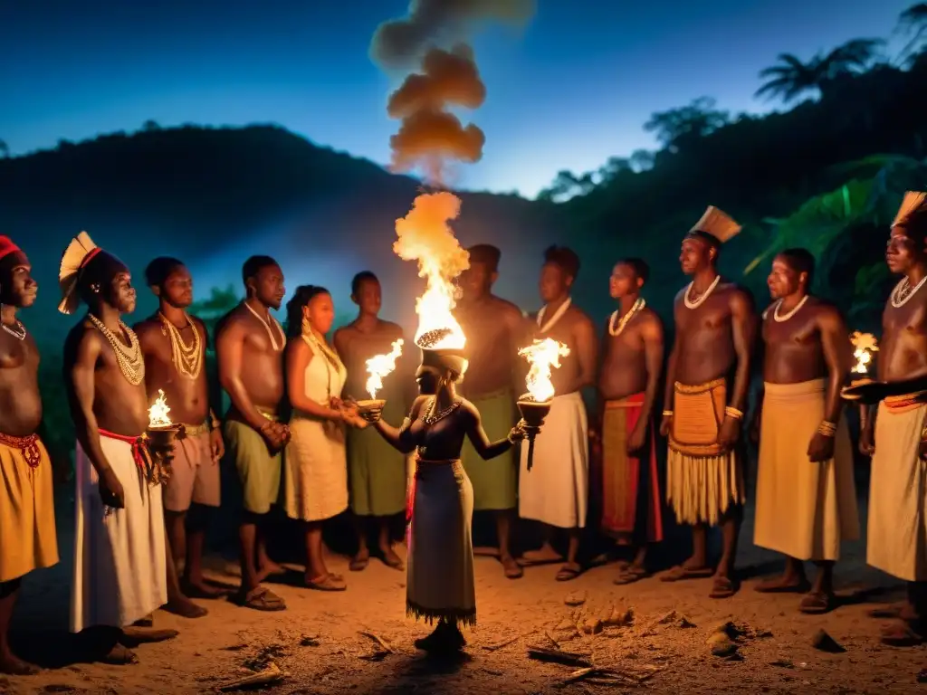 Ceremonia secreta de vudú en la jungla haitiana: individuos en atuendos tradicionales, rituales bajo la luna