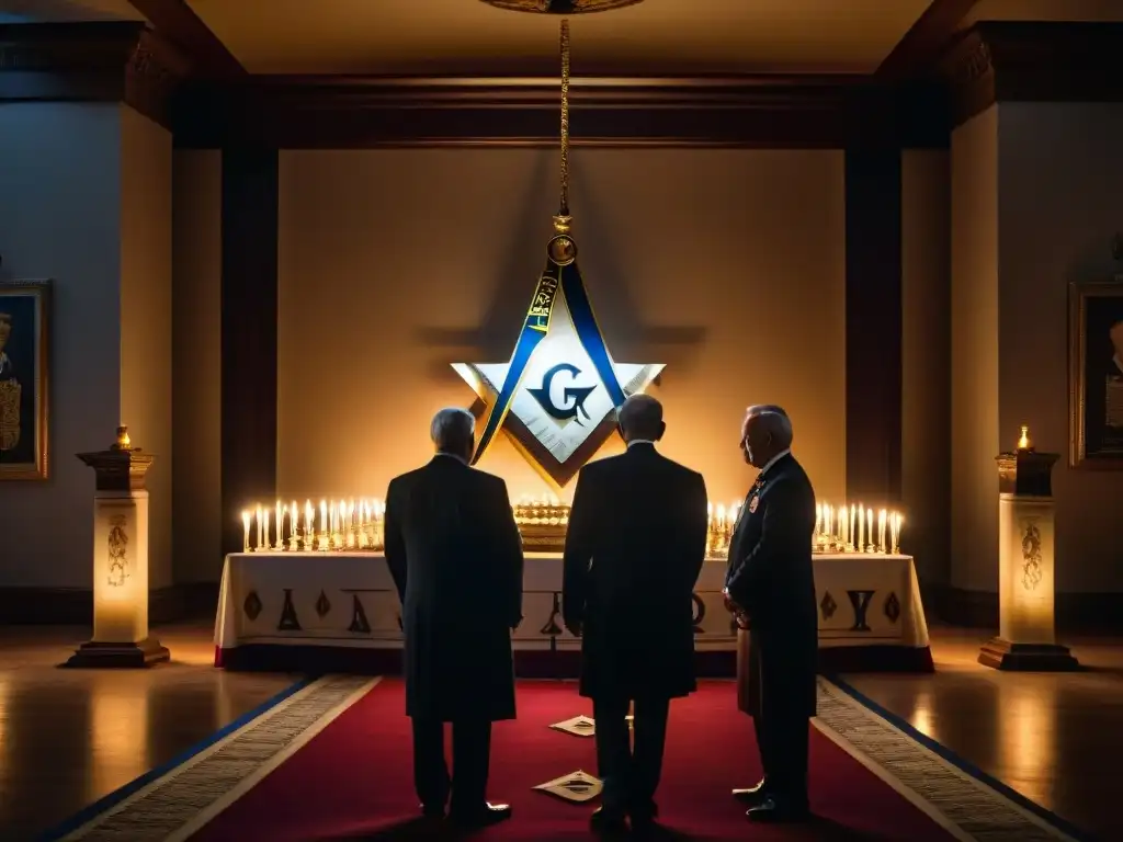 Ceremonia secreta de líderes mundiales en una habitación llena de simbolismo masónico y misterio, realizando rituales antiguos