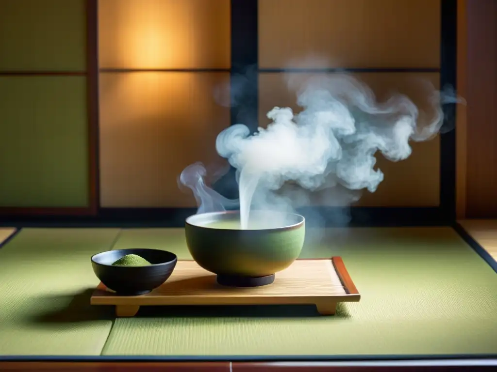 Una ceremonia del té tradicional japonesa en una serena habitación de tatami