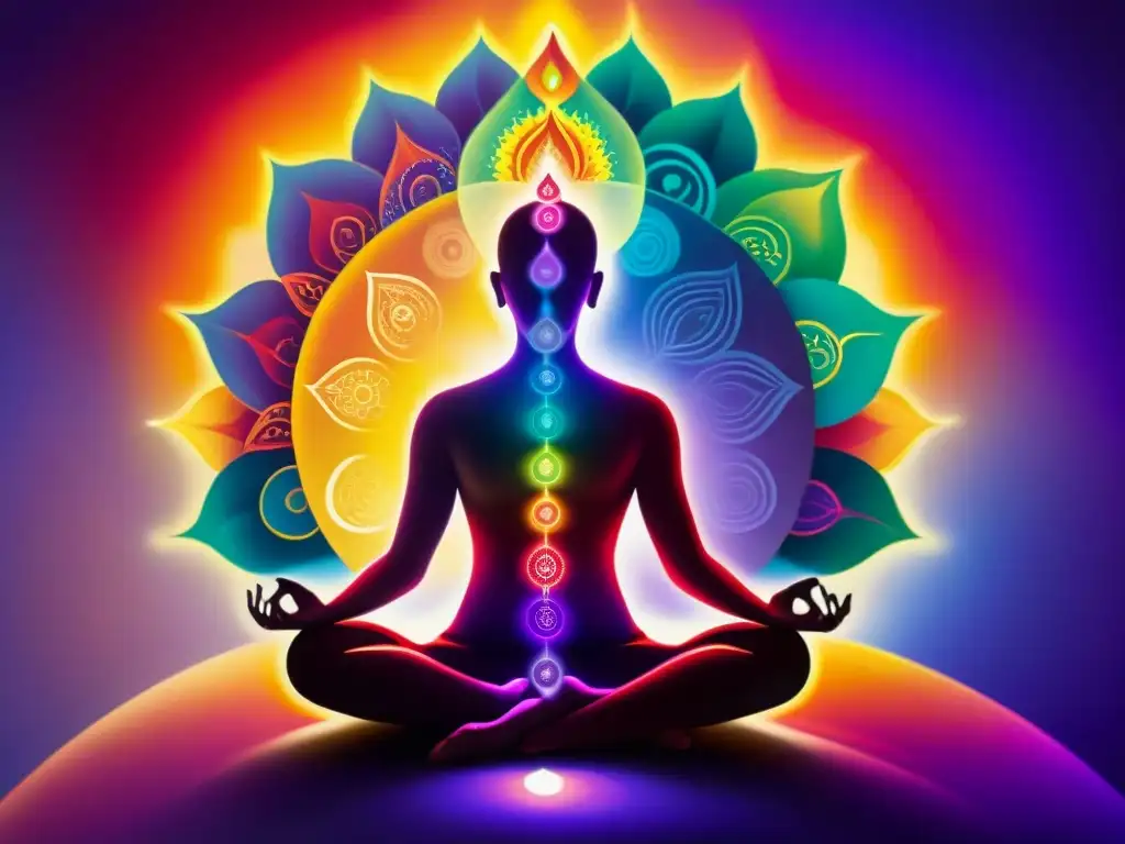 Meditación en chakras: figura humana en postura de loto rodeada de colores vibrantes