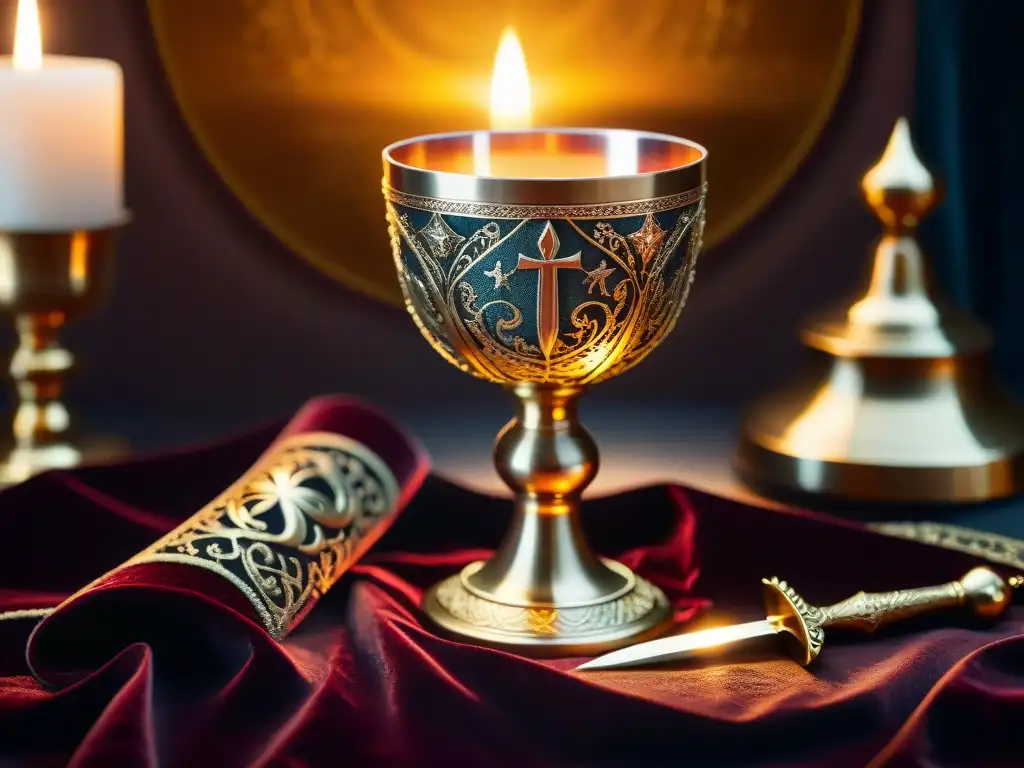 Un chalice y una espada ceremonial descansan sobre terciopelo bordado, iluminados por velas, reflejando símbolos poder protección rituales mágicos