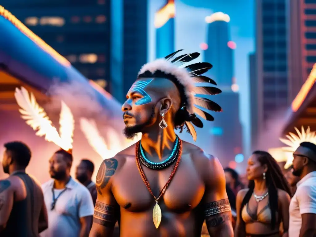 Un chamán contemporáneo realiza un ritual de sanación en una ciudad bulliciosa, fusionando lo ancestral con lo moderno