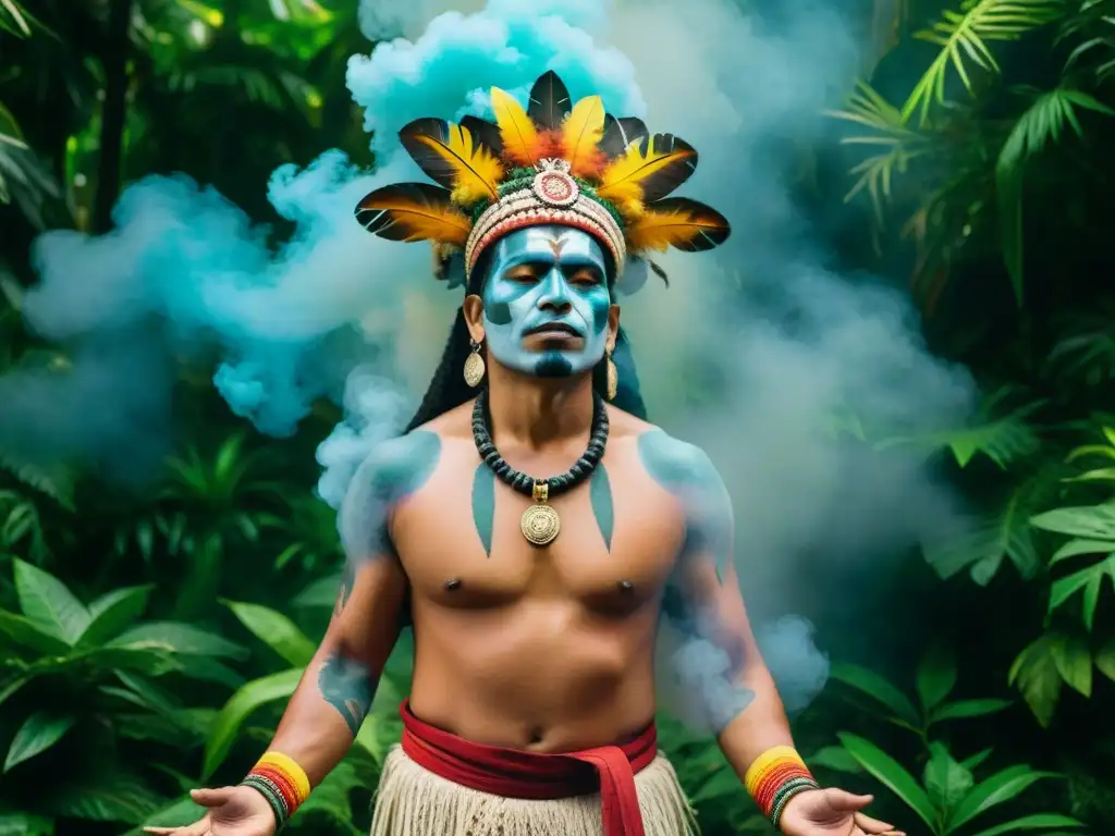 Un chamán maya realiza un ritual de purificación en la selva, rodeado de humo y vestimenta colorida