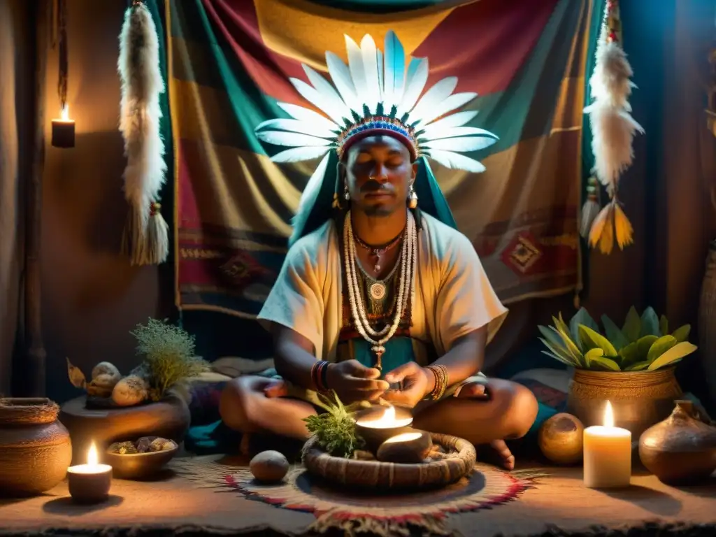 Un chamán precolombino en un espacio de sanación rústico, decorado con ornamentos simbólicos