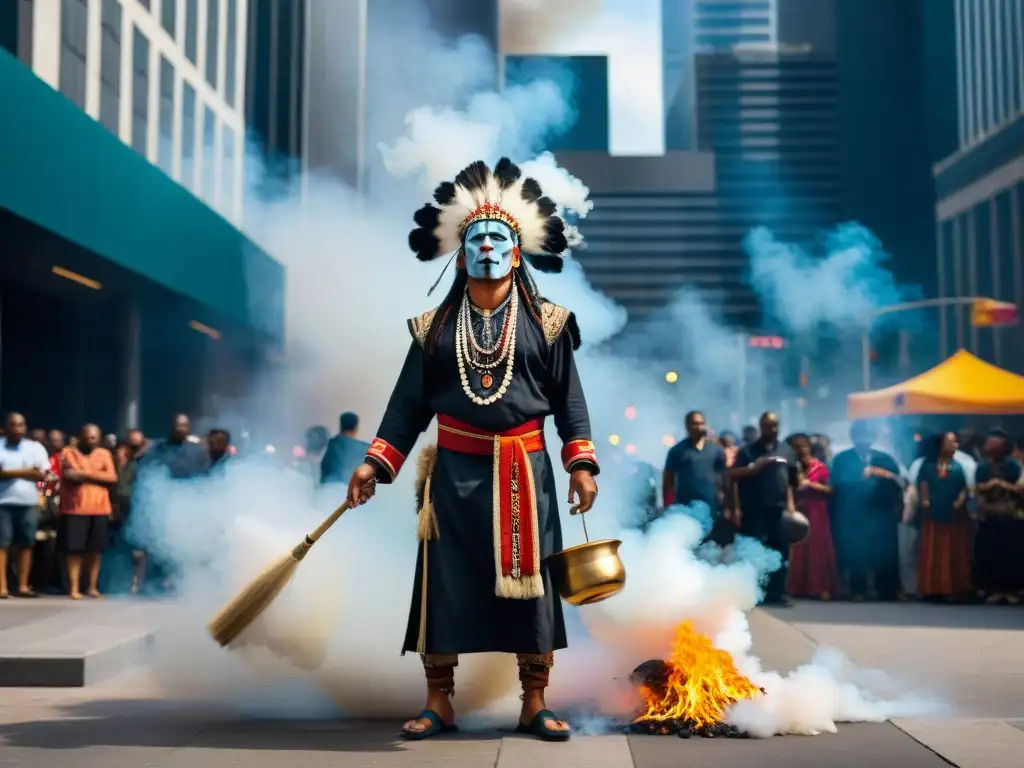 Un chamán realiza un ritual de limpieza en la ciudad