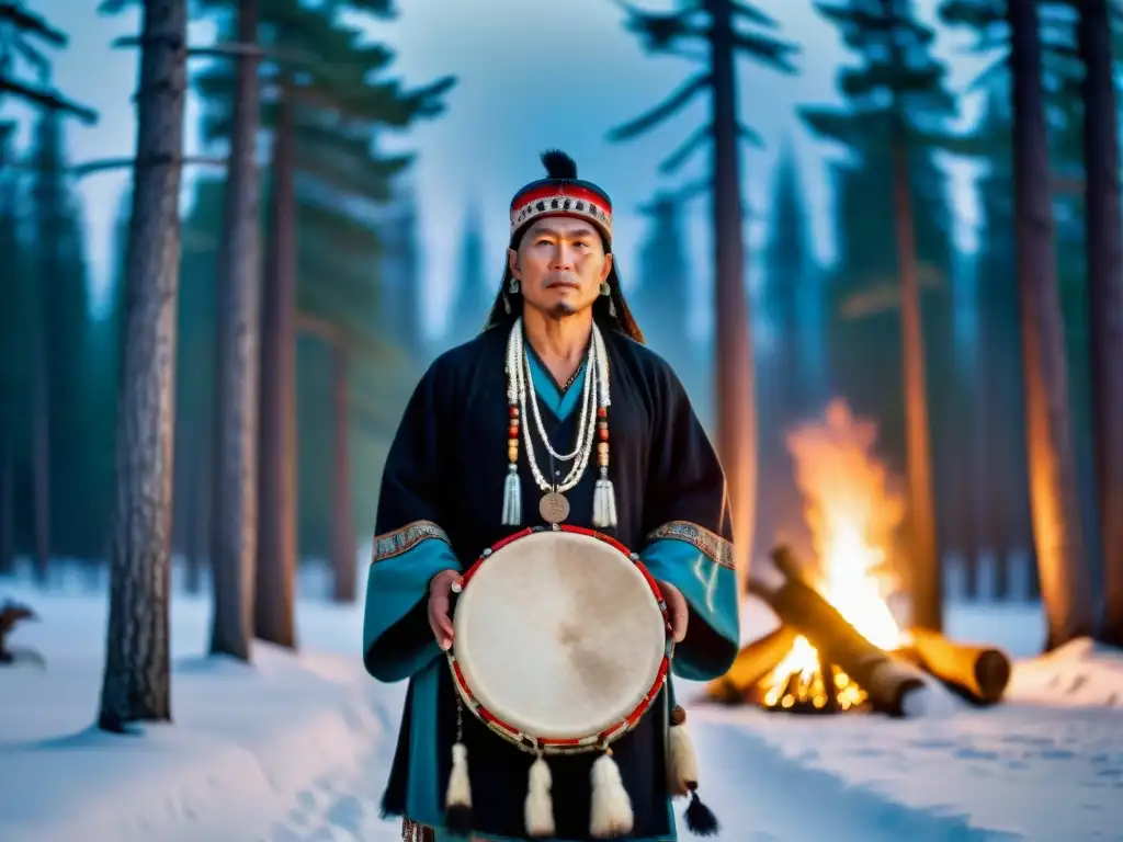 Un chamán siberiano en el bosque nevado al atardecer, con un tambor ceremonial y un fuego