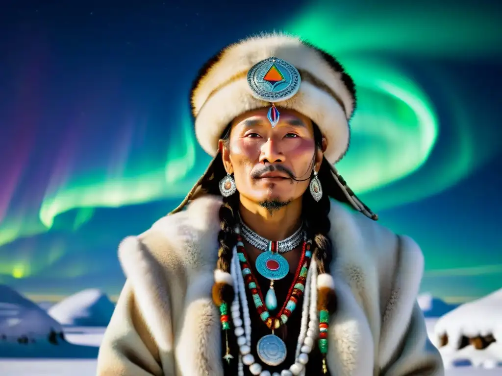 Un chaman siberiano en un paisaje nevado bajo la aurora boreal, mostrando conexión espiritual y sabiduría ancestral