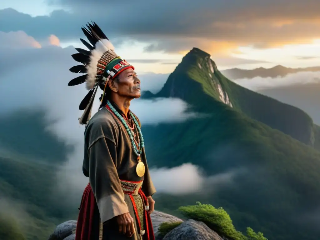 Un chamán en un viaje espiritual en la cima de la montaña al amanecer, rodeado de nubes, conectando con la naturaleza