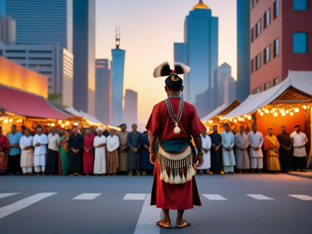 Un chamanismo urbano: práctica ancestral reinventada en una esquina de ciudad al atardecer