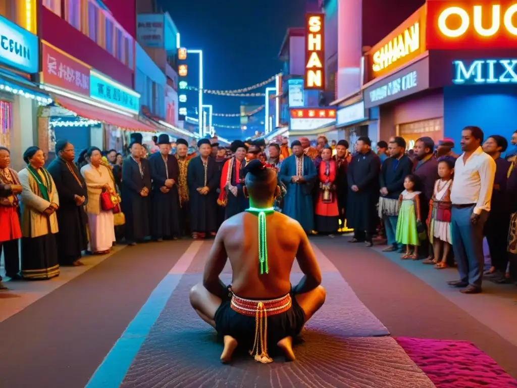 Un chamanismo urbano reinventado: un chamán moderno en atuendo ceremonial en una bulliciosa calle nocturna, rodeado de curiosos y reverentes