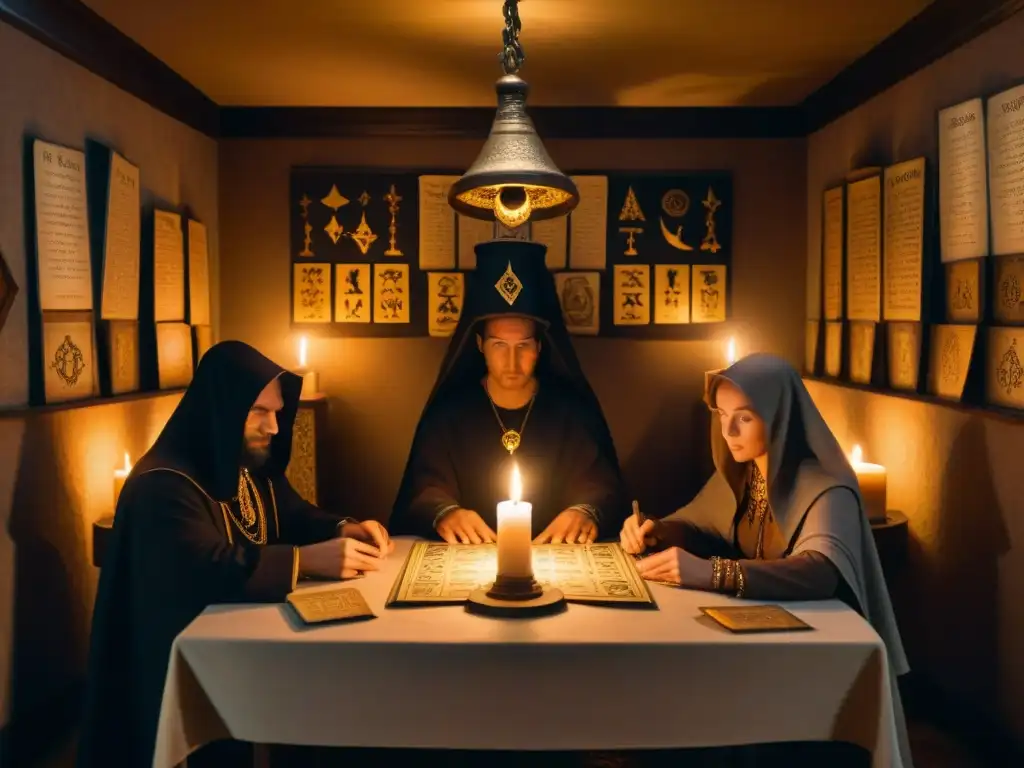 Chamber secreta con figuras encapuchadas y símbolos, tarot y velas