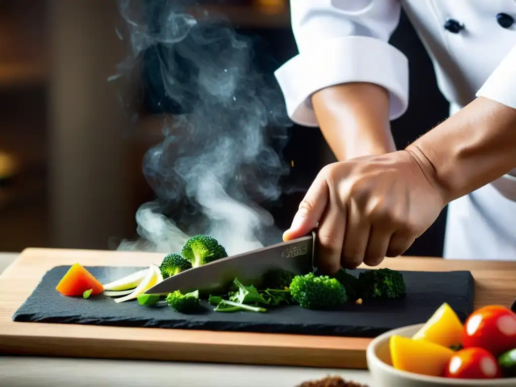 Un chef asiático experto corta con maestría ingredientes frescos en una cocina tradicional