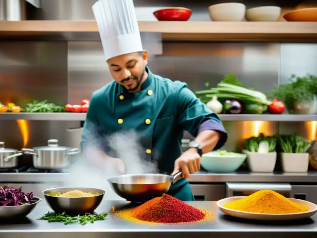 Un chef en una cocina moderna, creando con destreza platos coloridos y humeantes