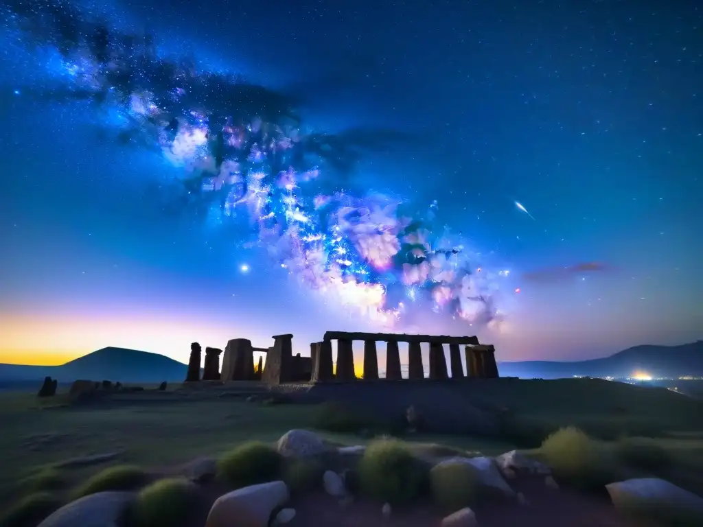 Un cielo estrellado con la Vía Láctea sobre ruinas antiguas