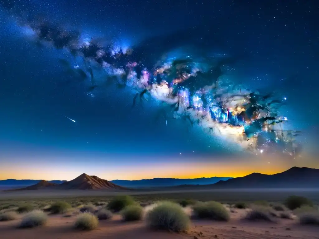 Un cielo estrellado con Sagitario y la Vía Láctea sobre un desierto