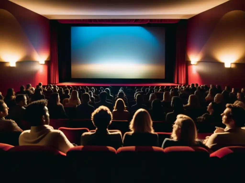 Un cine oscuro lleno de figuras en silueta, rostros iluminados por la pantalla