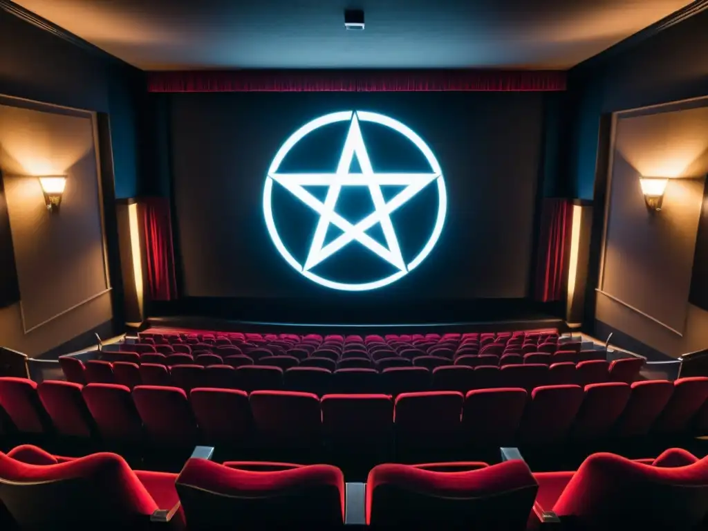 Un cine oscuro con un pentagrama oculto en la pantalla, simbolizando el cine satánico