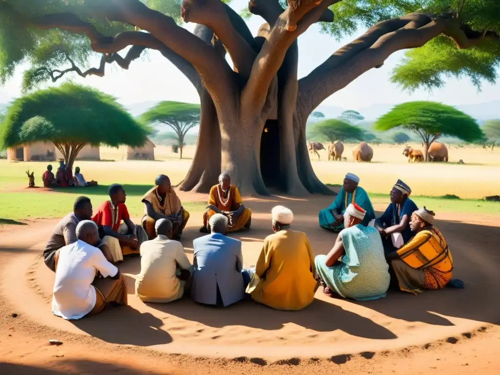 Un círculo de ancianos en África, bajo un árbol ancestral, inmersos en sabias conversaciones