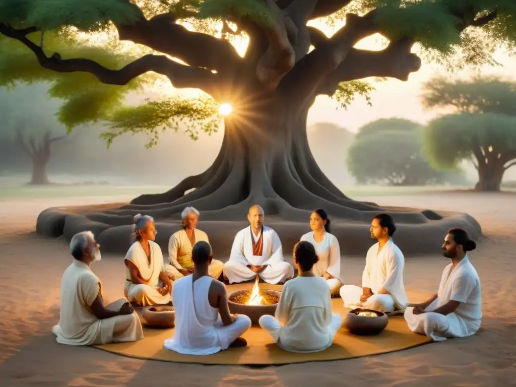 Un círculo de antiguos yoguis indios medita al amanecer bajo un árbol Bodhi, en un escenario sereno y espiritual