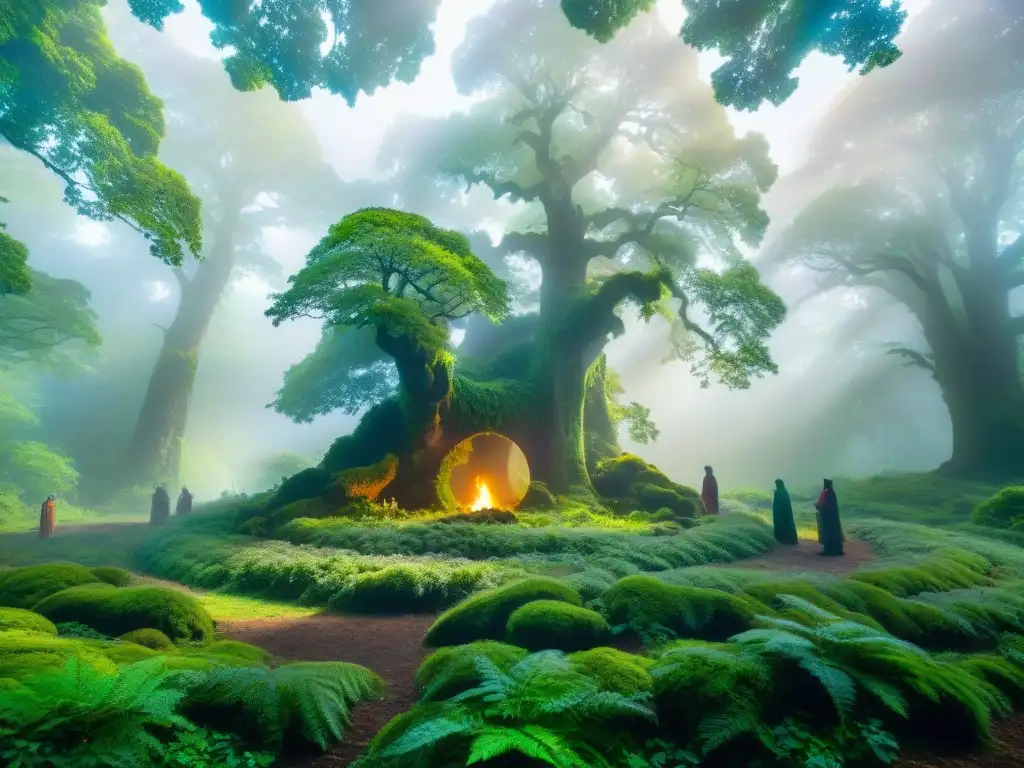 Rituales ancestrales en el bosque sagrado Un círculo de antiguos robles en un bosque místico, con figuras en rituales druidas esotéricos