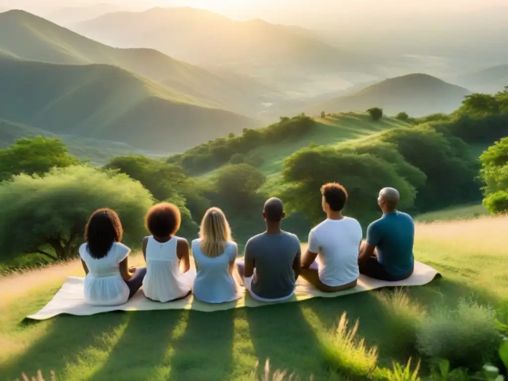 Un círculo de meditación en la cima de una montaña al amanecer, con una sensación de conexión espiritual y serenidad