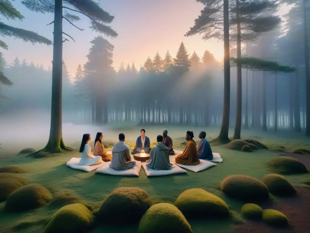 Un círculo de meditación en un claro del bosque al atardecer