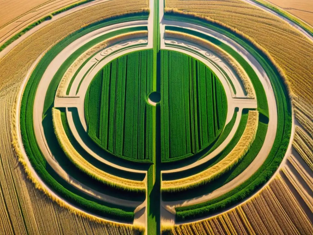 Un círculo de cultivo misterioso con patrones geométricos en un campo de trigo, rodeado de curiosos