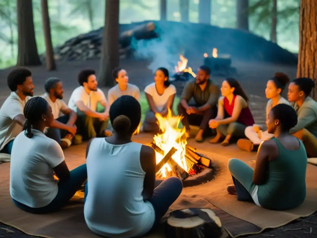 Un círculo diverso de participantes reflexiona alrededor del fuego en un retiro espiritual transformador en el bosque