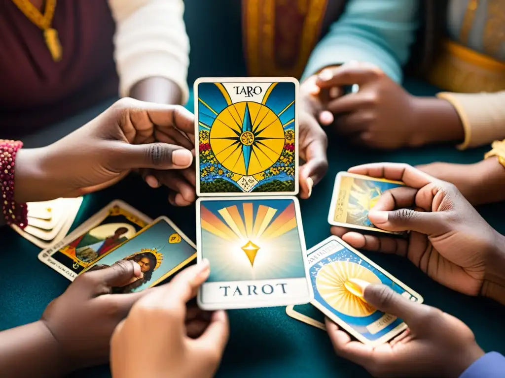 Un círculo diverso de personas estudia detalladamente las mejores barajas tarot energía en una atmósfera serena y contemplativa