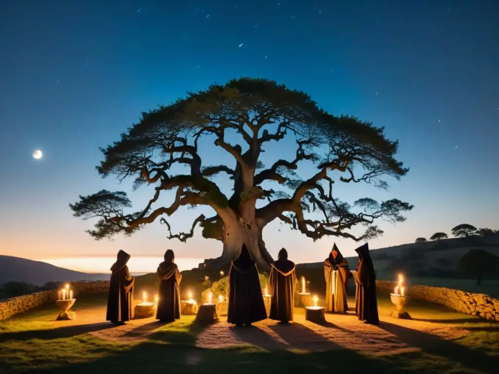 Un círculo de figuras en capuchas bajo el cielo estrellado, iluminadas por velas