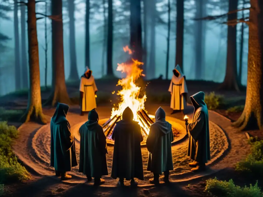 Un círculo de figuras encapuchadas en un bosque místico, rodeando una fogata