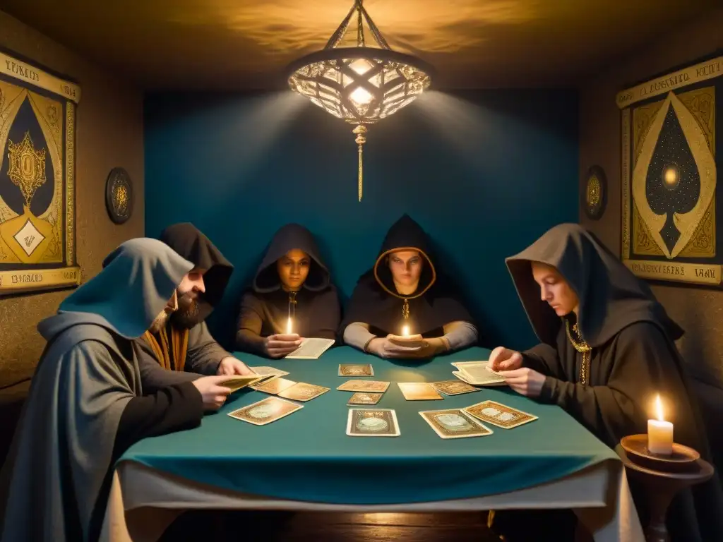 Un círculo de figuras encapuchadas analiza cartas de Tarot en una cámara iluminada por velas, evocando misterio y sabiduría antigua