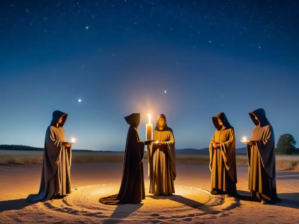 Un círculo de figuras encapuchadas realizando un ritual en un cruce bajo la luz de la luna llena