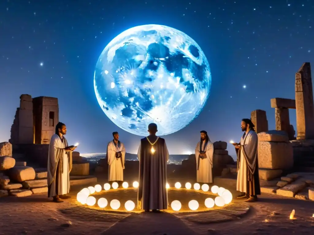 Misterioso ritual con figuras encapuchadas bajo un cielo estrellado Un círculo de figuras encapuchadas realiza un ritual zodíaco bajo un cielo estrellado en ruinas antiguas, sosteniendo cristales brillantes