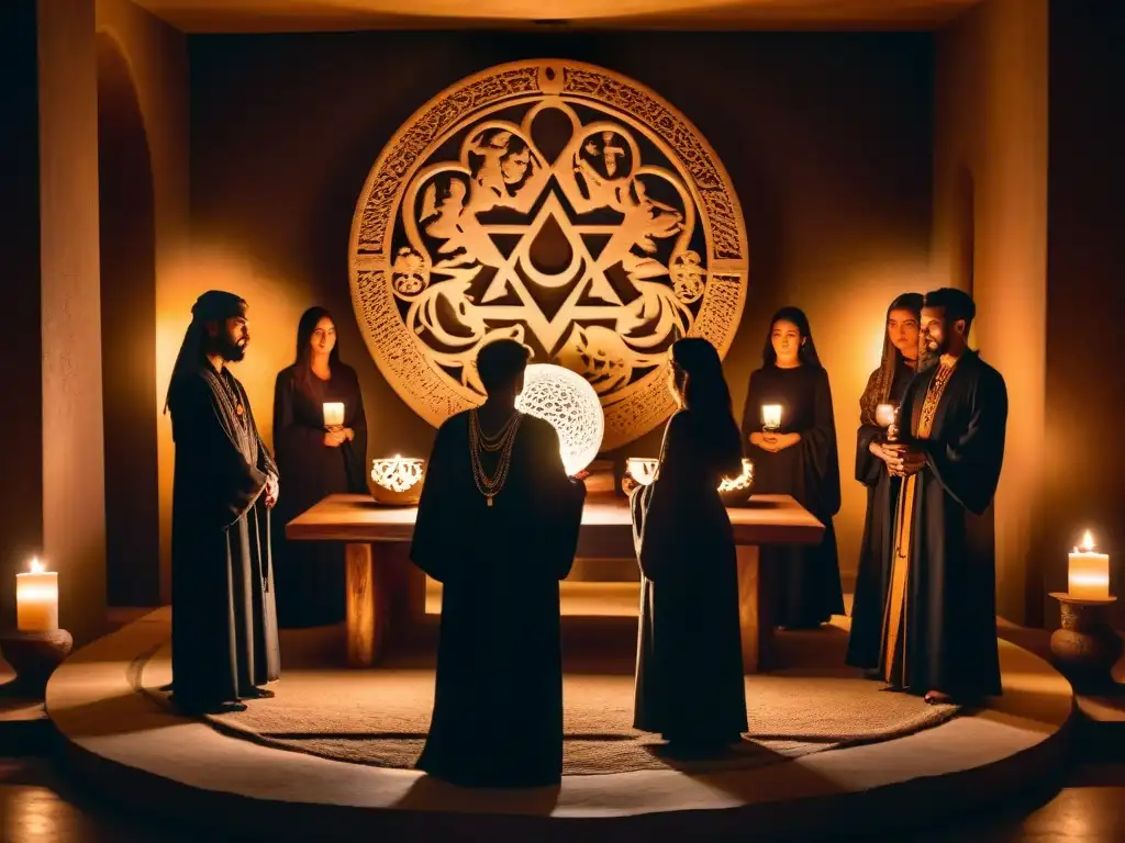 Un círculo de figuras en sombra se reúne en ritual en una cámara iluminada por velas, junto a un orbe brillante en mesa de madera tallada