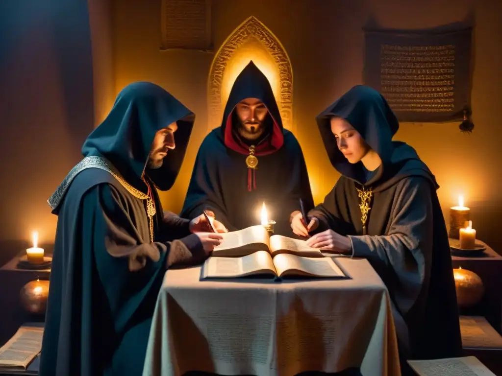 Un círculo de figuras sombrías en túnicas, rodeando una mesa iluminada por velas con textos antiguos