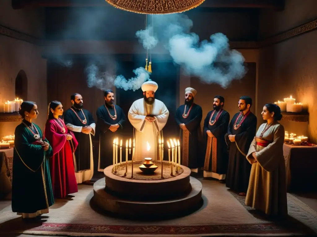 Rituales ancestrales: ceremonia Aleví en penumbra Un círculo de individuos Alevíes en trajes tradicionales de Anatolia, en una ceremonia con humo de incienso y misticismo