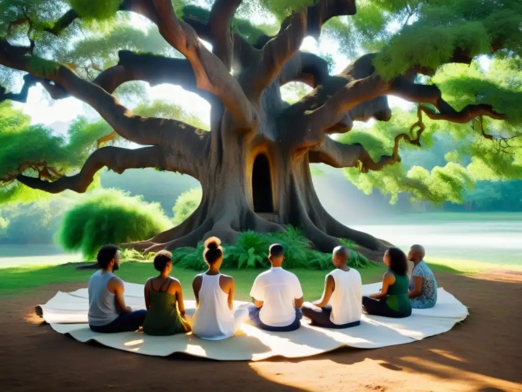 Un círculo de individuos meditando bajo un árbol antiguo en un retiro espiritual, conectados en paz y serenidad