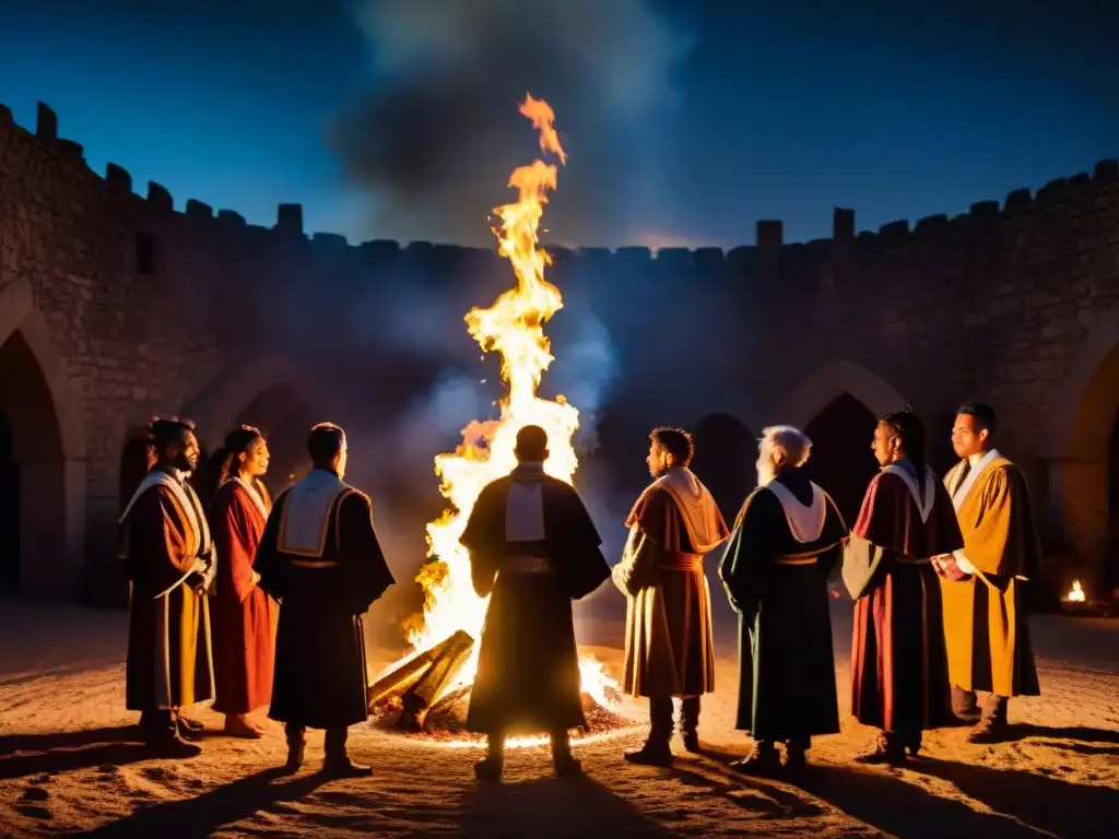 Un círculo de individuos con atuendos ceremoniales alrededor de una hoguera en la oscuridad de la noche