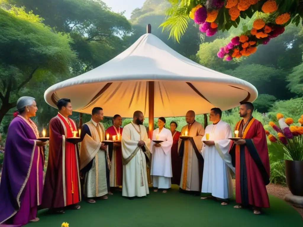 Un círculo de individuos en ceremonia bajo un dosel de flores, con velas encendidas