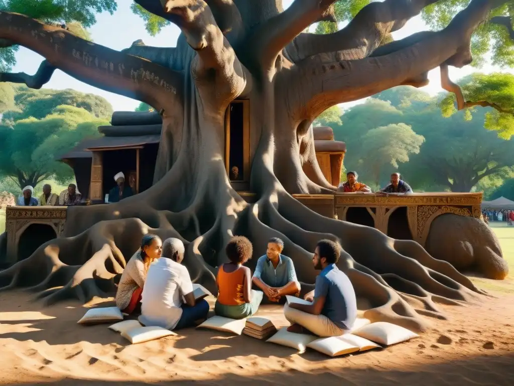 Un círculo de individuos diversos bajo un árbol antiguo, reflejando la influencia de la Sociedad Teosófica en buscadores espirituales globales