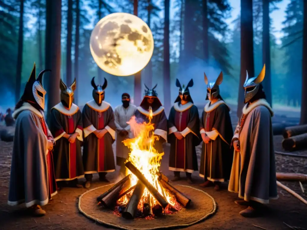 Círculo de individuos en trajes ceremoniales alrededor de una fogata en el bosque