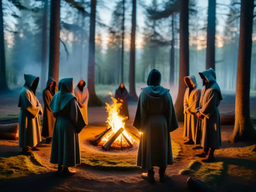 Un círculo de individuos en túnicas con capucha alrededor de un fuego en un claro boscoso, evocando rituales de sociedades secretas