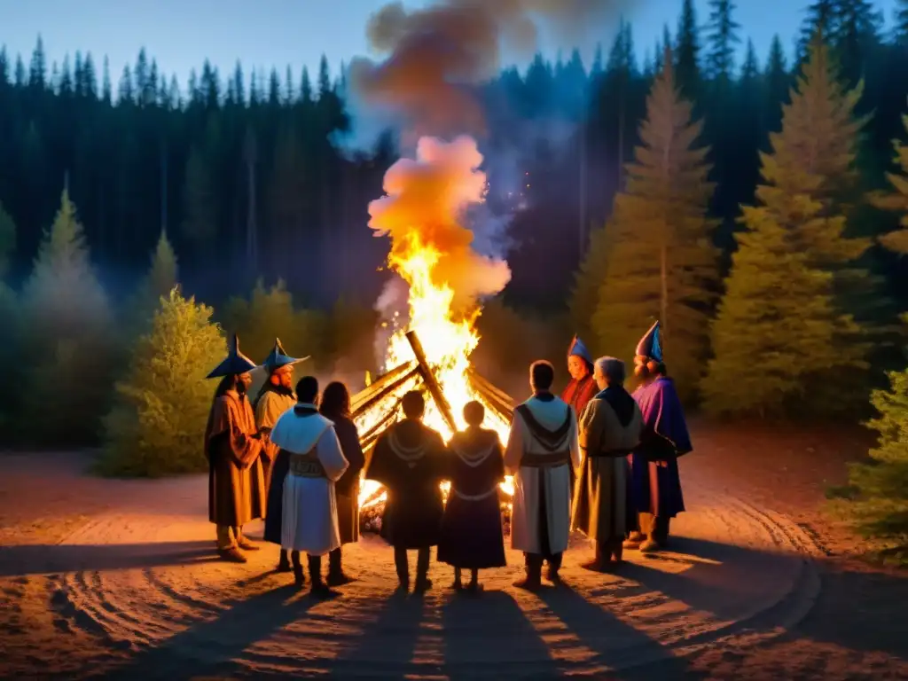 Rituales ancestrales: conexión elemental en el bosque Un círculo de individuos en túnicas ceremoniales alrededor de una fogata en el bosque