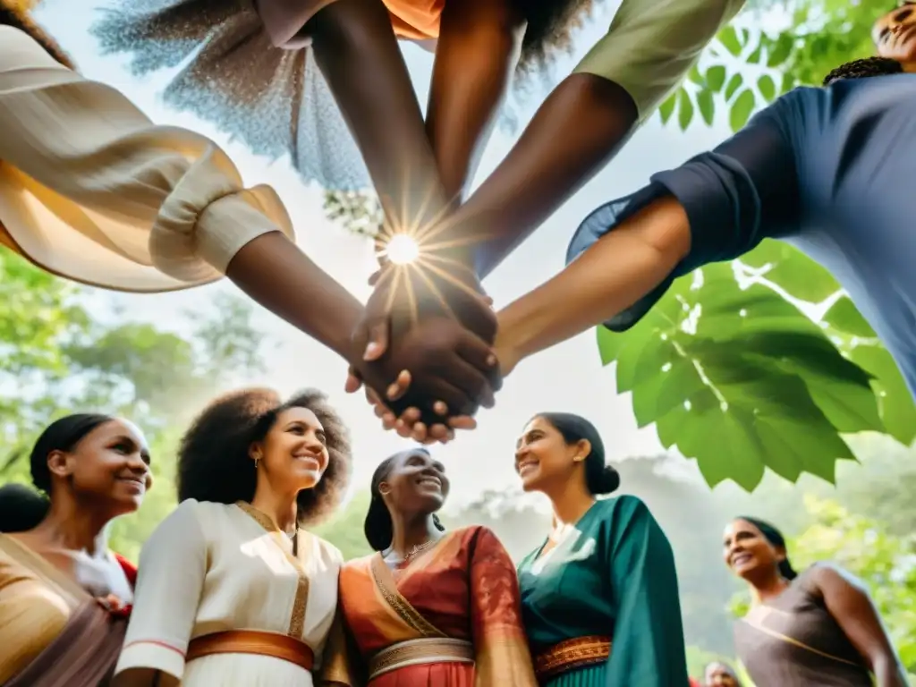 Un círculo de mujeres diversas unidas en la naturaleza, con expresiones de empoderamiento