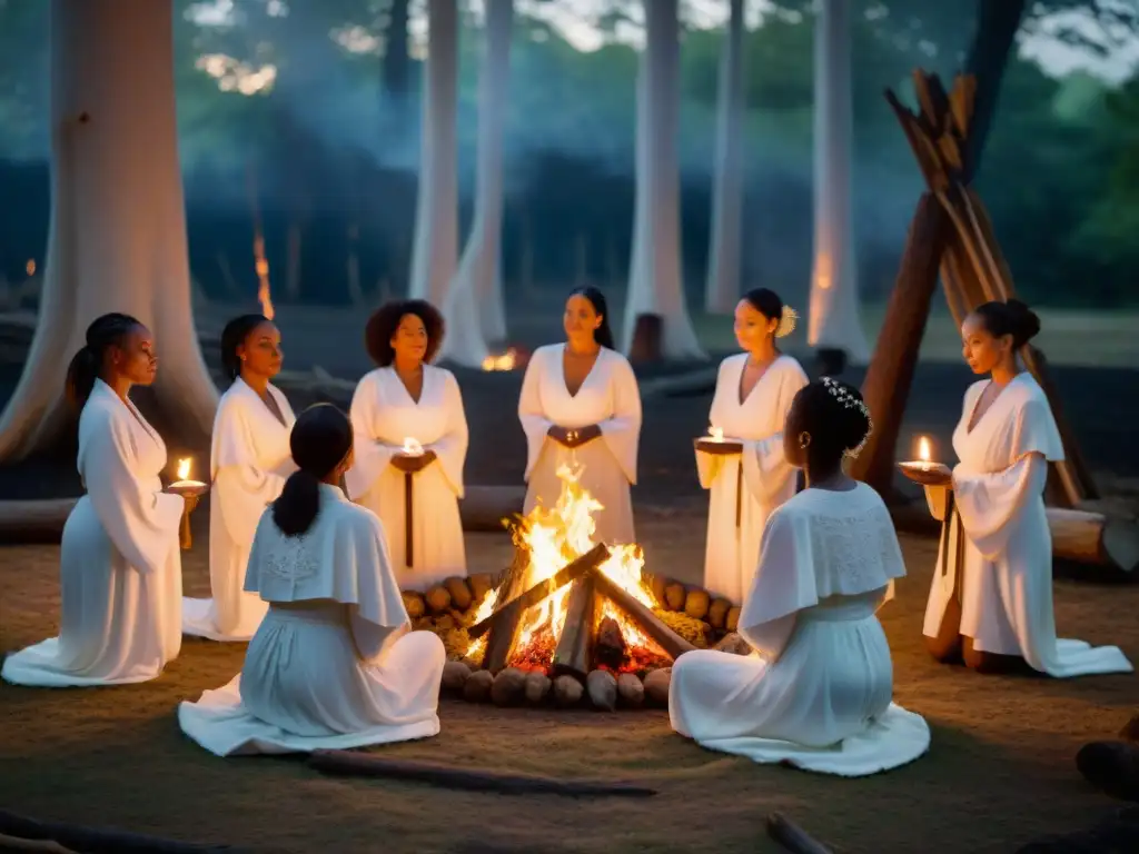 Un círculo de mujeres diversas en túnicas blancas alrededor de una fogata en el bosque a la luz de la luna, en un ritual de empoderamiento femenino