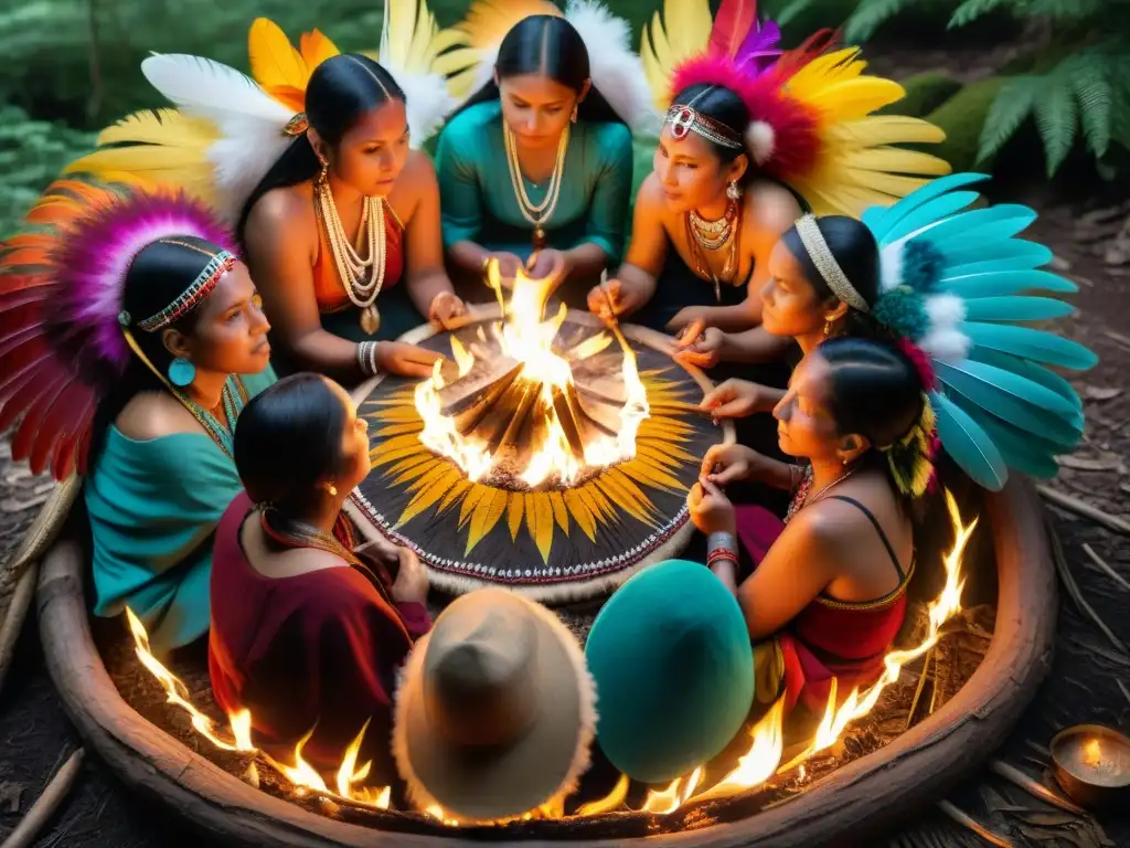 Un círculo de mujeres indígenas en un ritual de empoderamiento femenino en el bosque místico