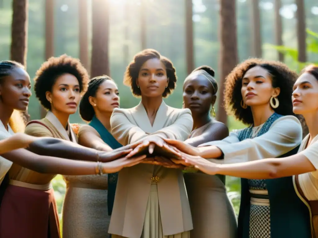 Círculo de mujeres poderosas unidas en el bosque, fusionando rituales de empoderamiento femenino