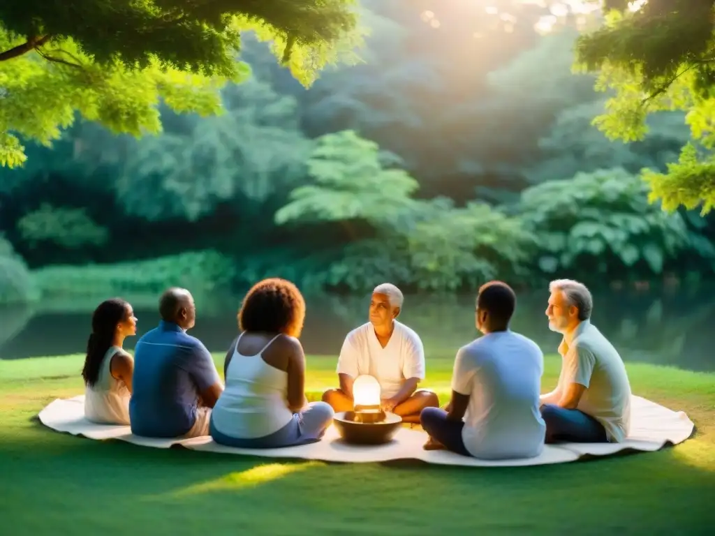 Un círculo de personas diversas en un retiro espiritual, iluminados por el sol, reflejando paz y transformación interior